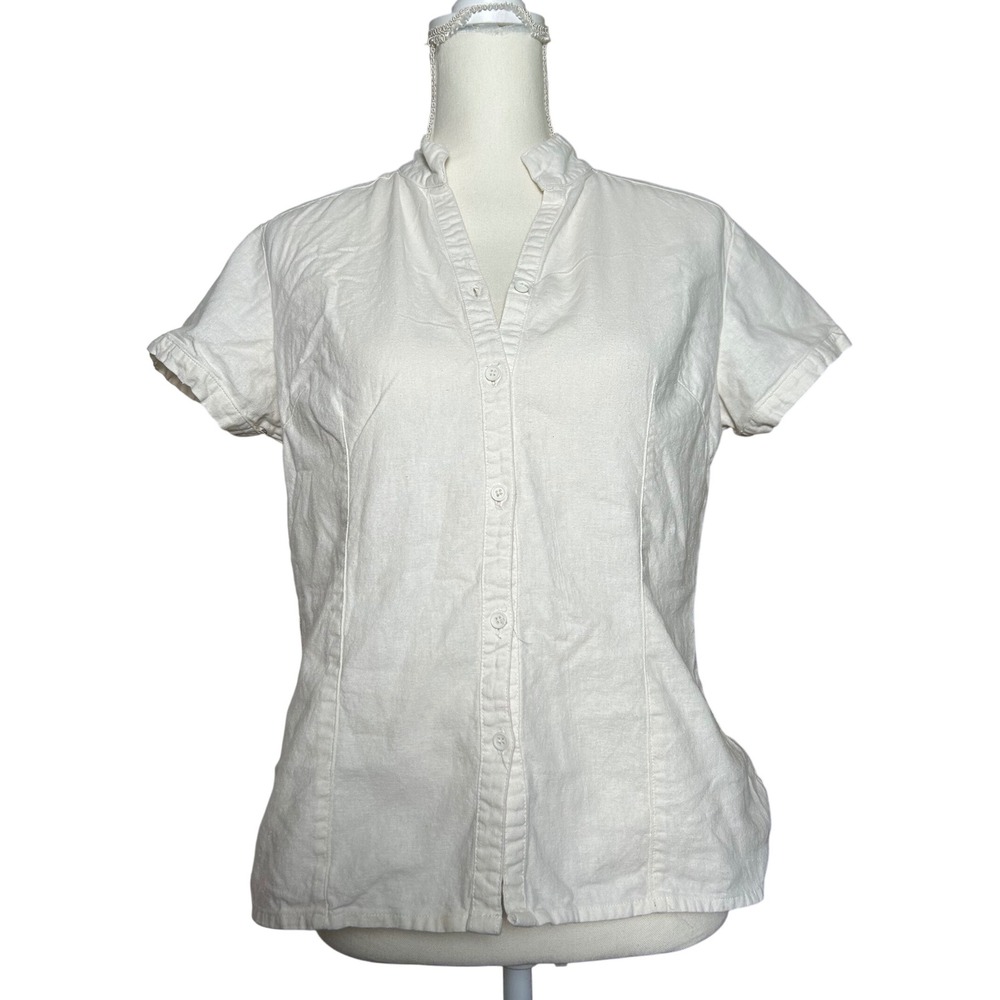 Vintage Linen Cotton Blend Button Down Shirt Womens M Short Sleeve Casual Basic